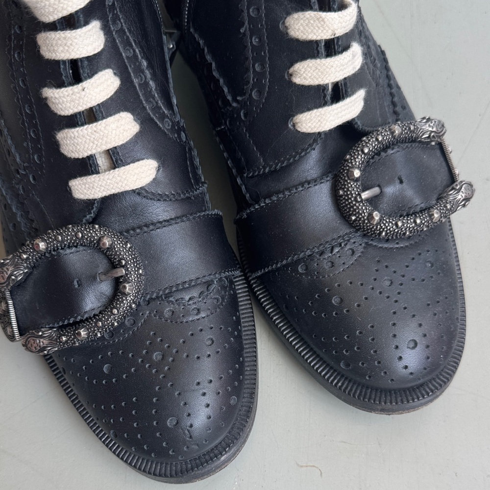Authentic GUCCI Women's Queercore Leather Buckled Lace Up Booties in Black - 36 - Picture 2 of 10